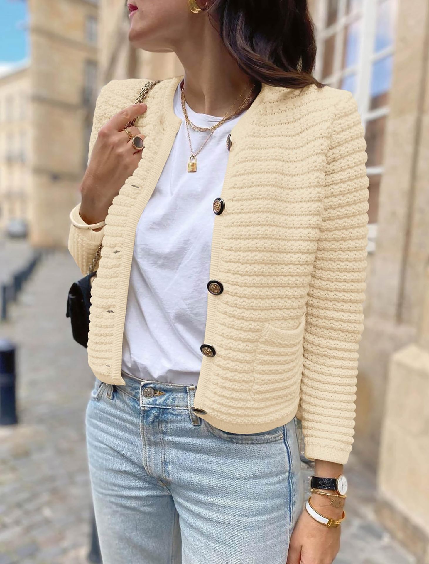 Women's Chic Knit Cardigan Short Crew Neck Single-Breasted Coat