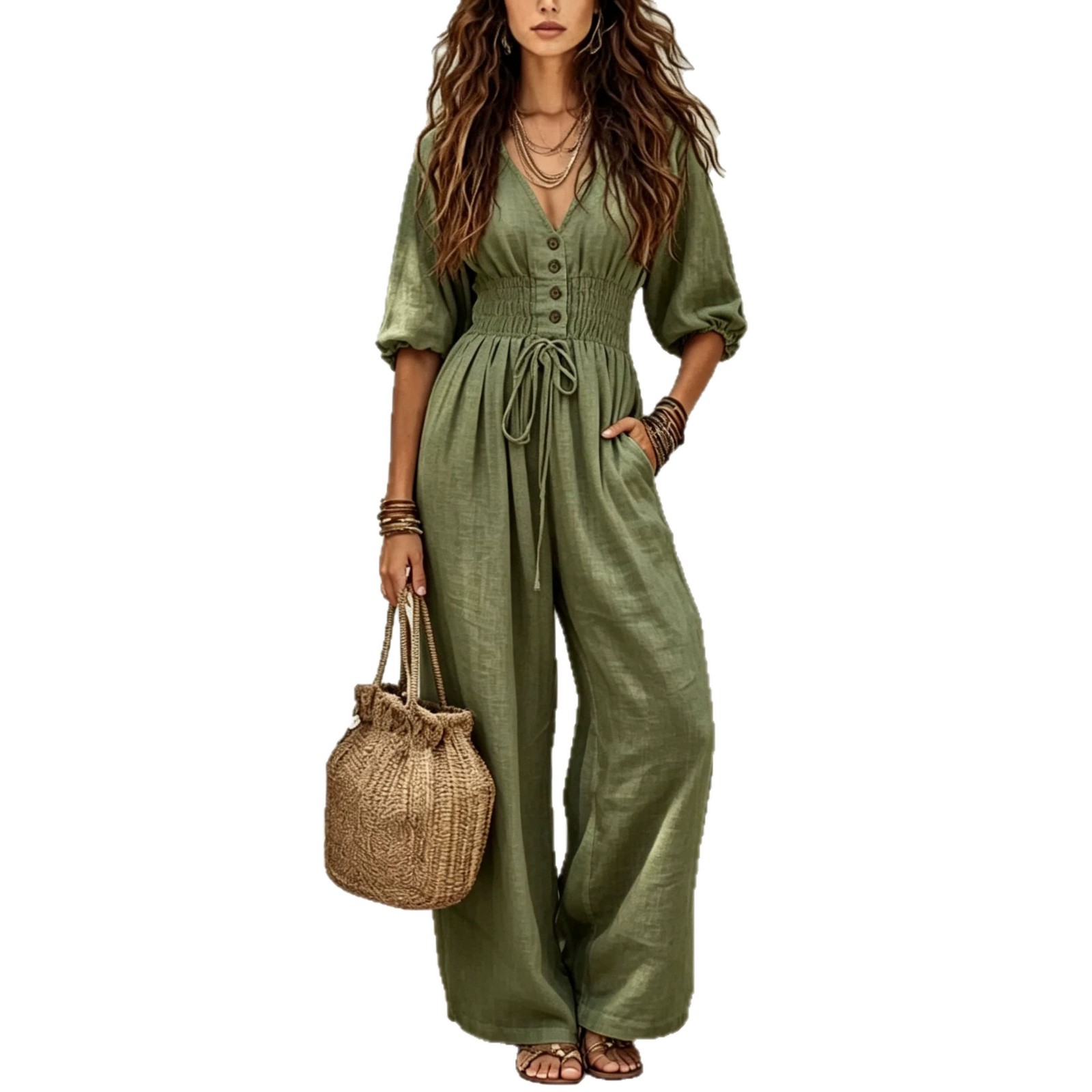 Lantern Sleeve Drawstring Waist Wide Leg V-Neck Jumpsuit