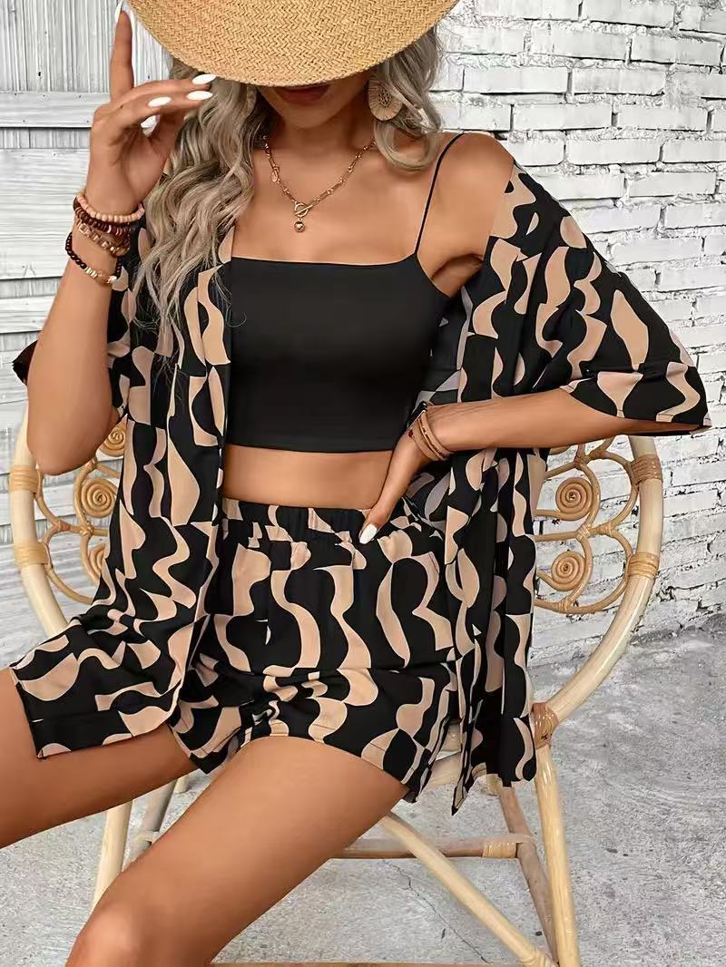 Vacation Print Two-Piece Set: Short Sleeve Tie-Front Shirt & High-Waist Shorts
