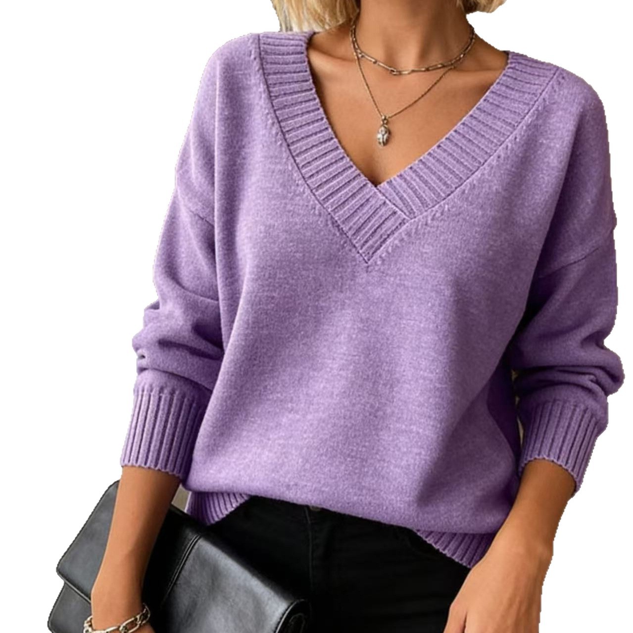 Women's Loose V-Neck Pullover Sweater Solid Color Knit Top