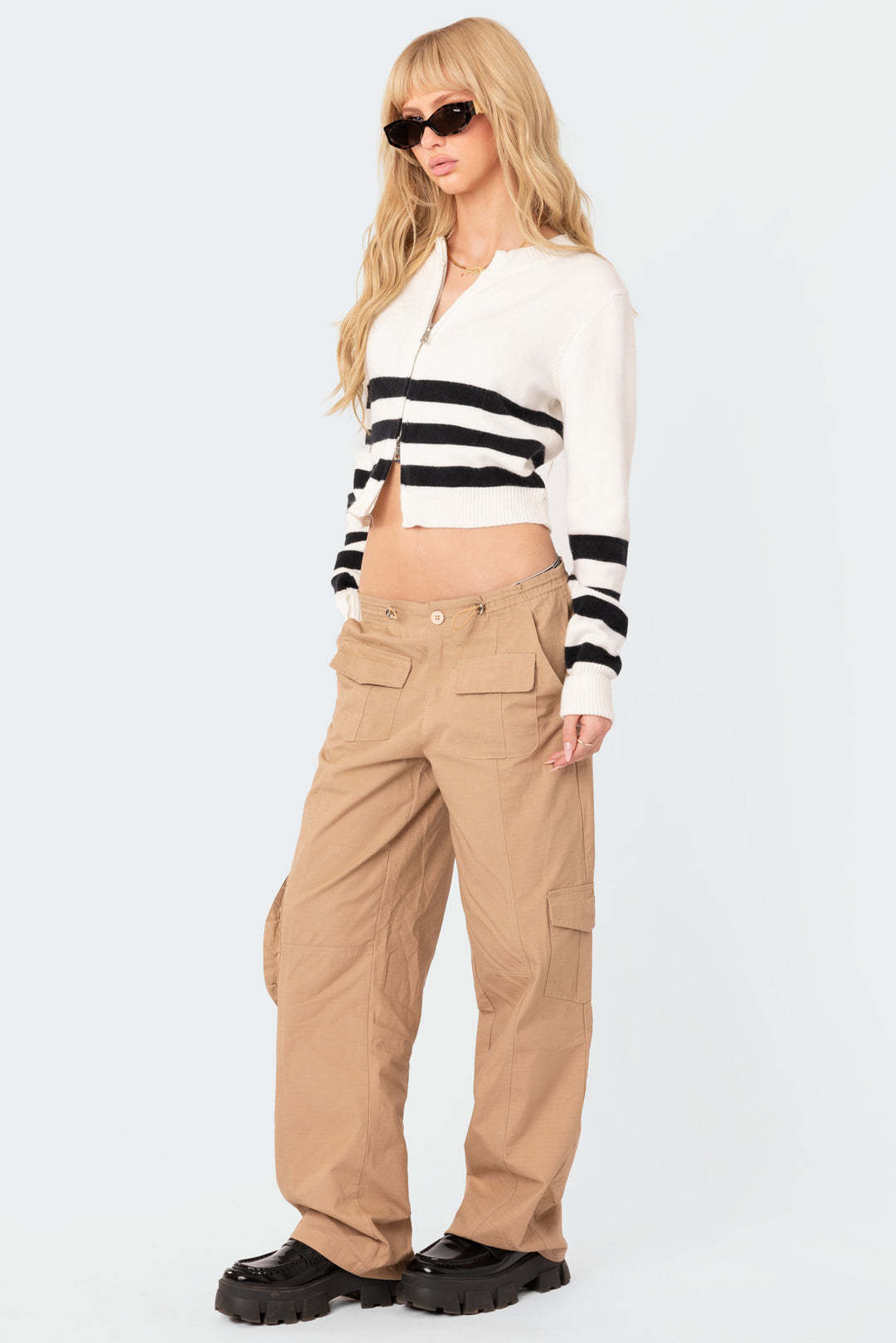 Women's Striped Zip-Up Knit Cardigan Long Sleeve Slim Fit Top