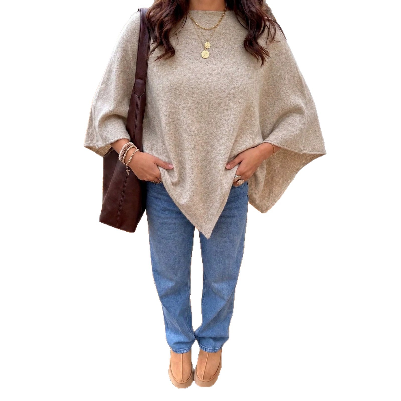 Women's Knit Poncho Sweater Loose Batwing Sleeve Pullover