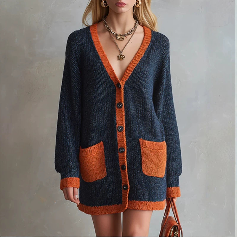 Women's V-Neck Knit Cardigan Loose Colorblock Long Sleeve Orange