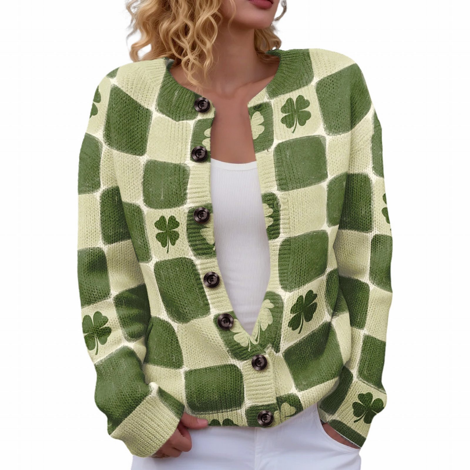 Women's Four-Leaf Clover Print Button Cardigan Sweater