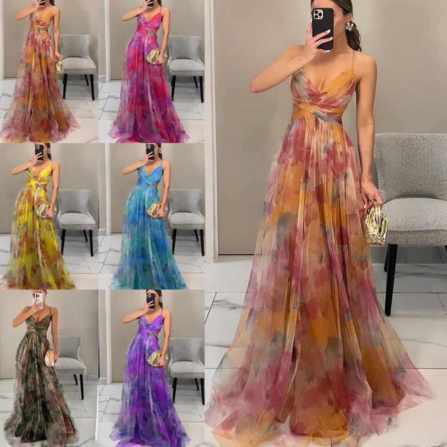 Women's Printed Mesh Cami Dress Sleeveless V-Neck Long Flowy Vacation Party Dress