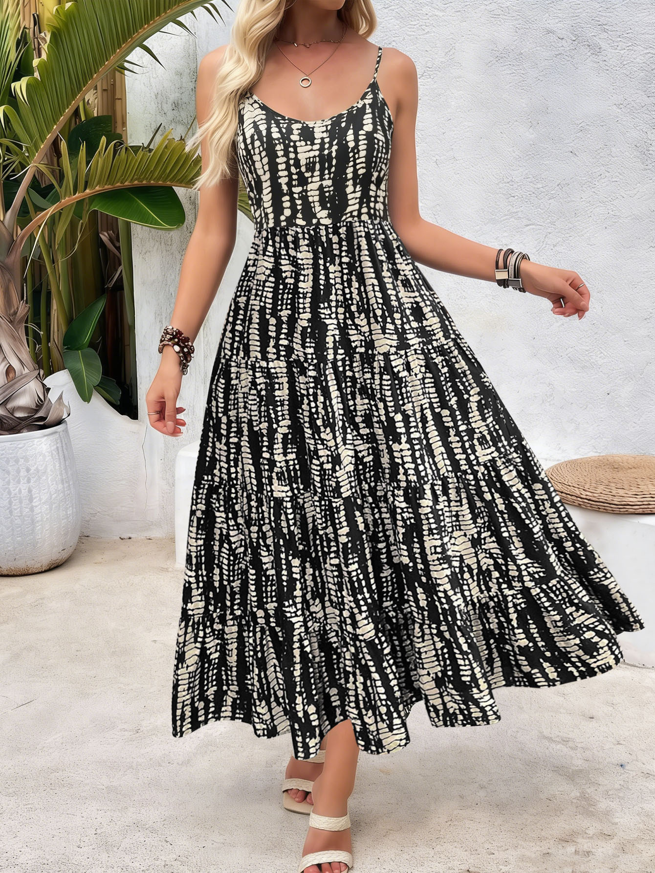 Tie-Dye Print V-Neck Sleeveless Maxi Dress Casual Loose Fit