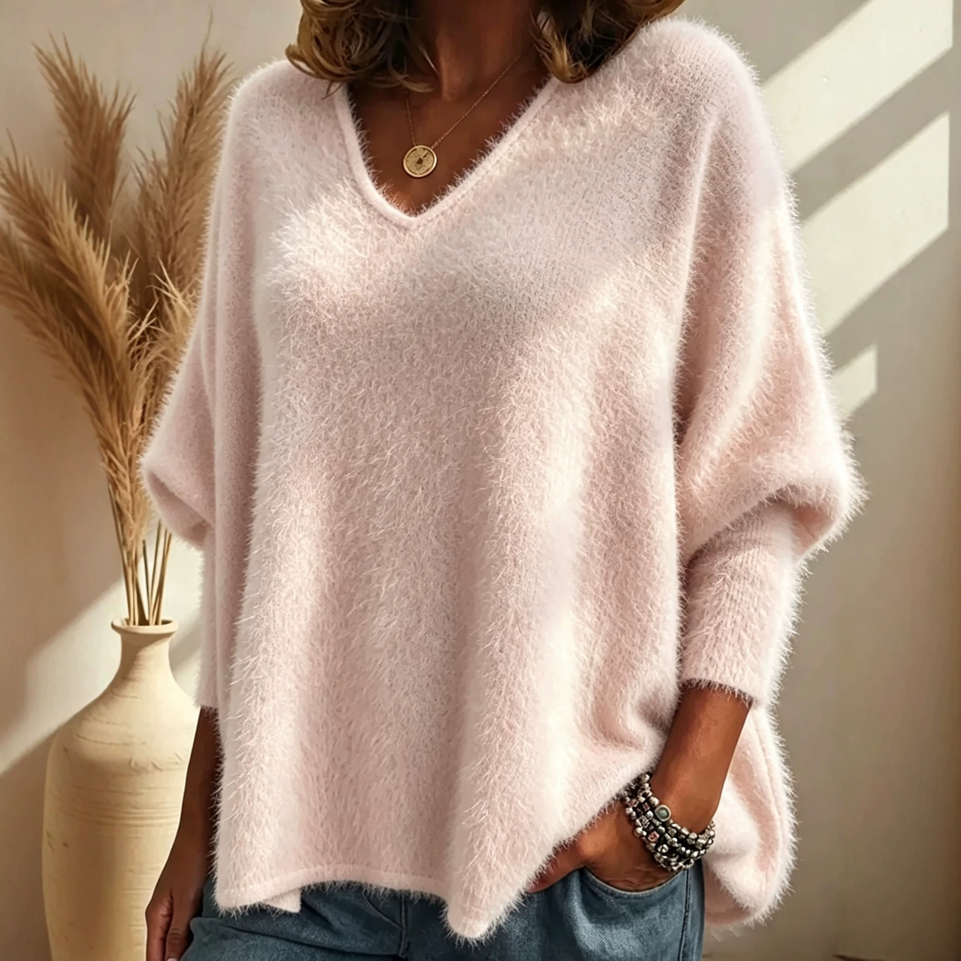 Women's Solid V-Neck Pullover Knit Sweater Top