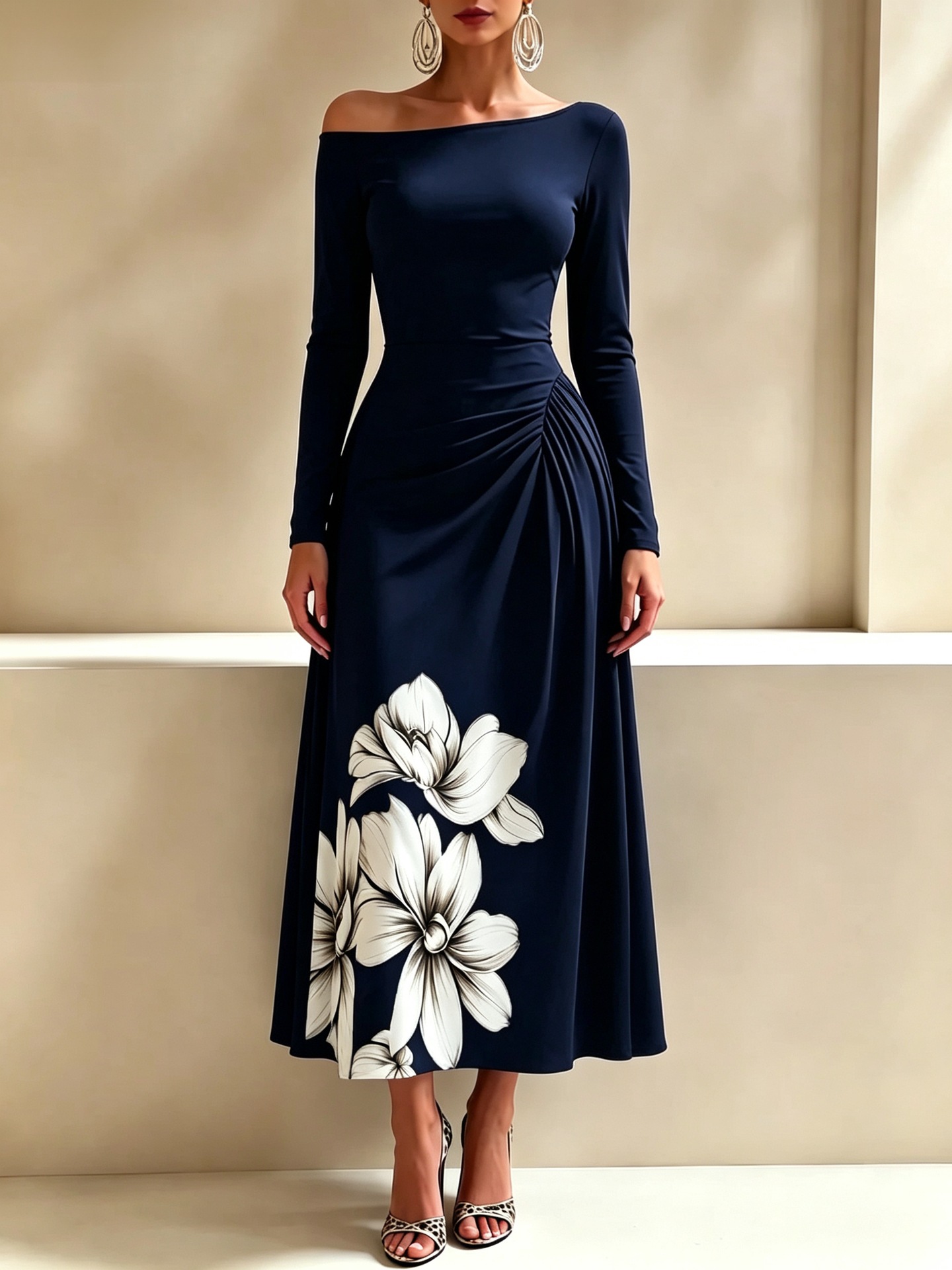 Off-Shoulder Floral Print Maxi Dress with Side Waist Ruching