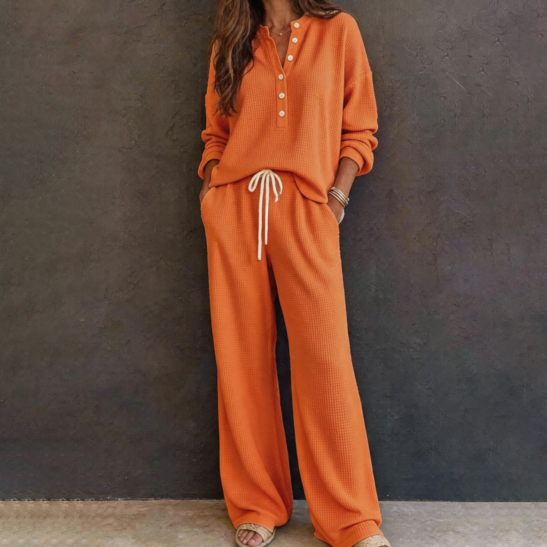 Women's Waffle Knit Long Sleeve Shirt and Pants Set Solid Color Loungewear