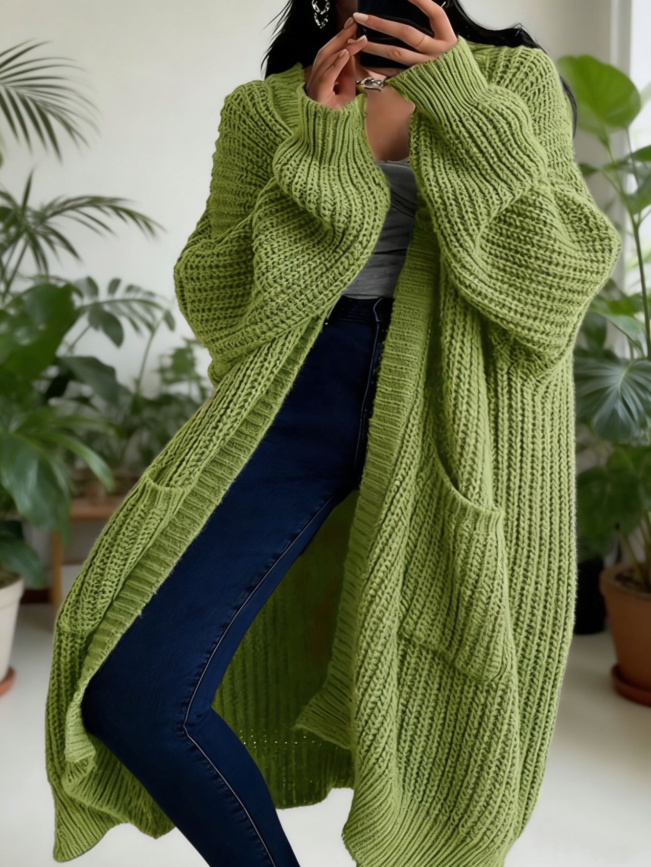 Women's Long Over-Knee Knit Cardigan Loose V-Neck Open Front Sweater Coat