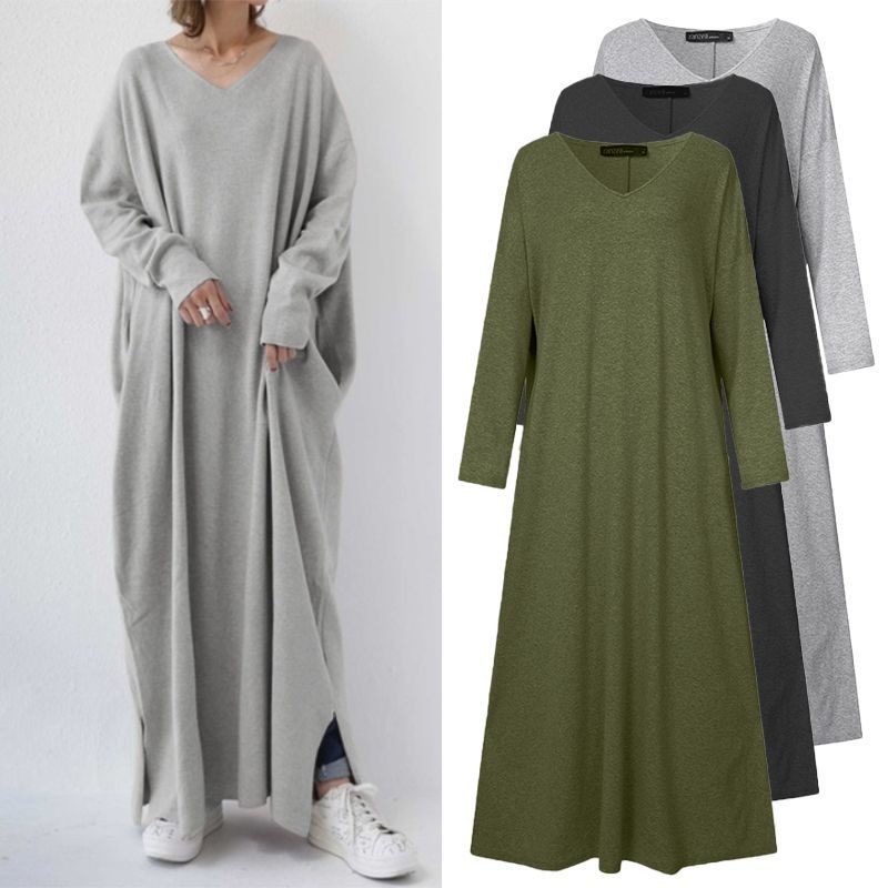 Minimalist Urban Casual Knit Long Sleeve V-Neck Maxi Dress Plus Size