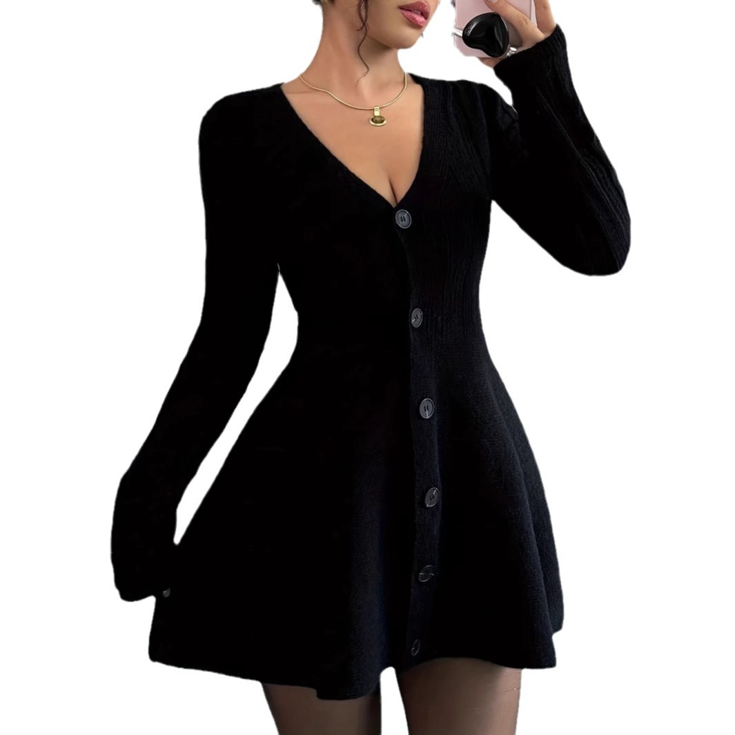 Black V-Neck Long Sleeve Button Knit Dress
