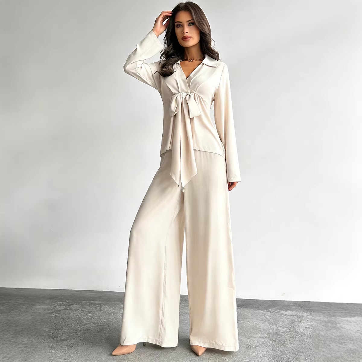 Women's Casual Two-Piece Set with Drawstring Top and Wide-Leg Pants