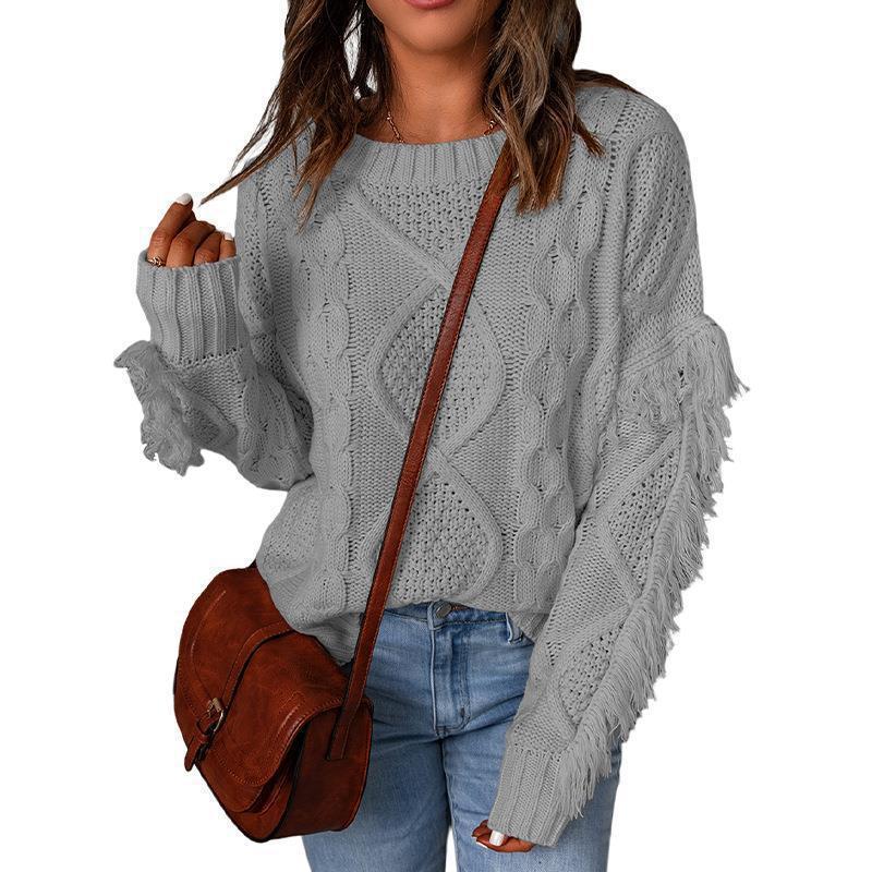 Women's Loose Diamond Quilted Fringe Pullover Sweater