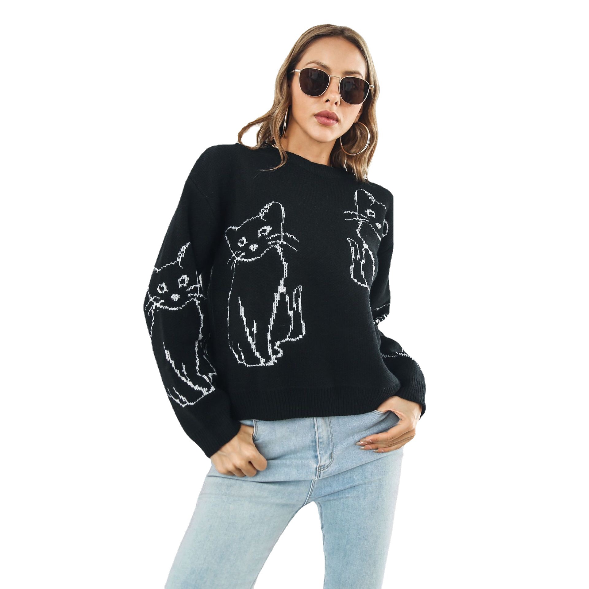 Women's Cat Jacquard Sweater Loose Fit Long Sleeve Knit Pullover