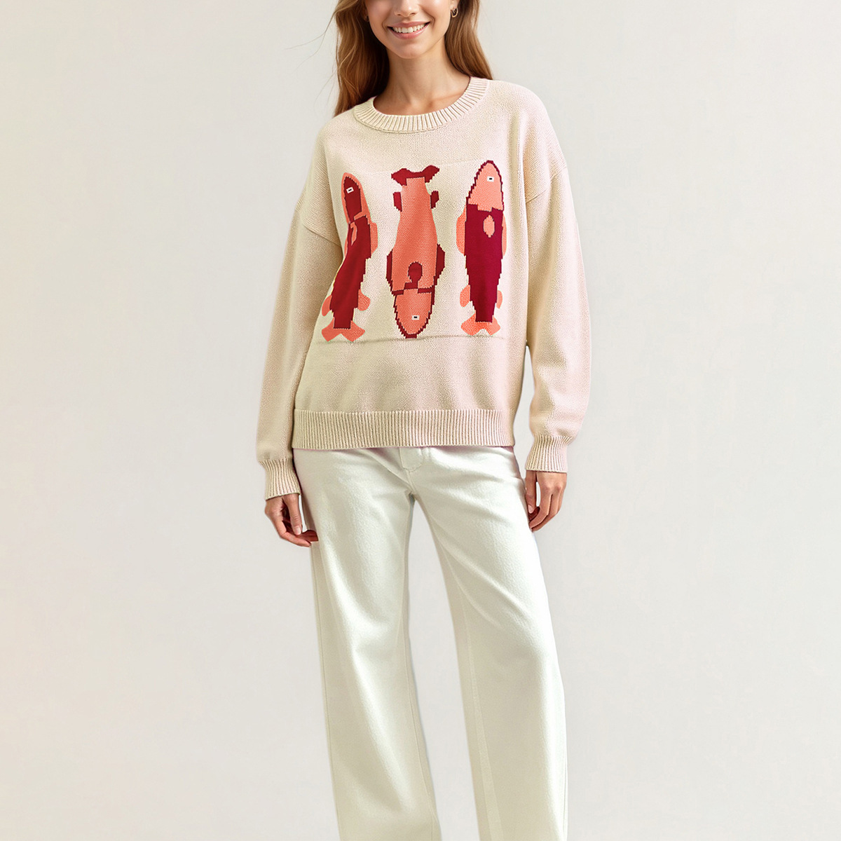 Women's Round Neck Loose Knit Pullover Sweater with Color Block Pattern
