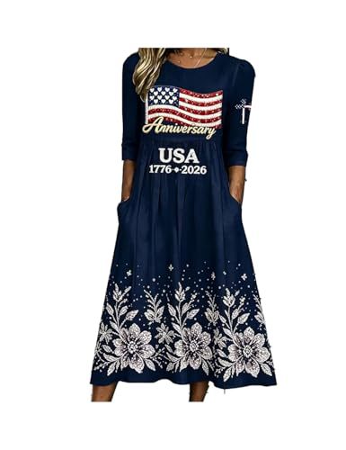 Women's American Flag Print Ruched Floral Dress with Pockets