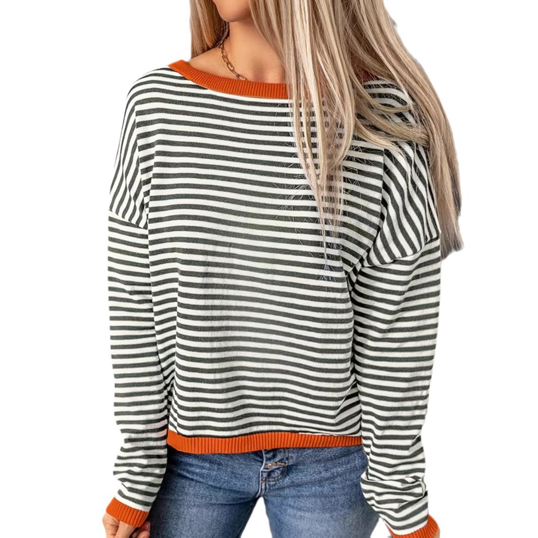 Women's Striped Color-Block Crewneck Long-Sleeve Top