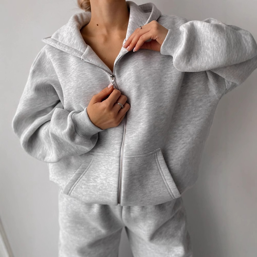 Women's Solid Color Hooded Cardigan Sweatshirt and Pants Set with Pockets