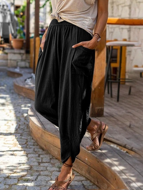 Women's Cotton Linen Wide Leg Harem Pants Casual Beach Trousers