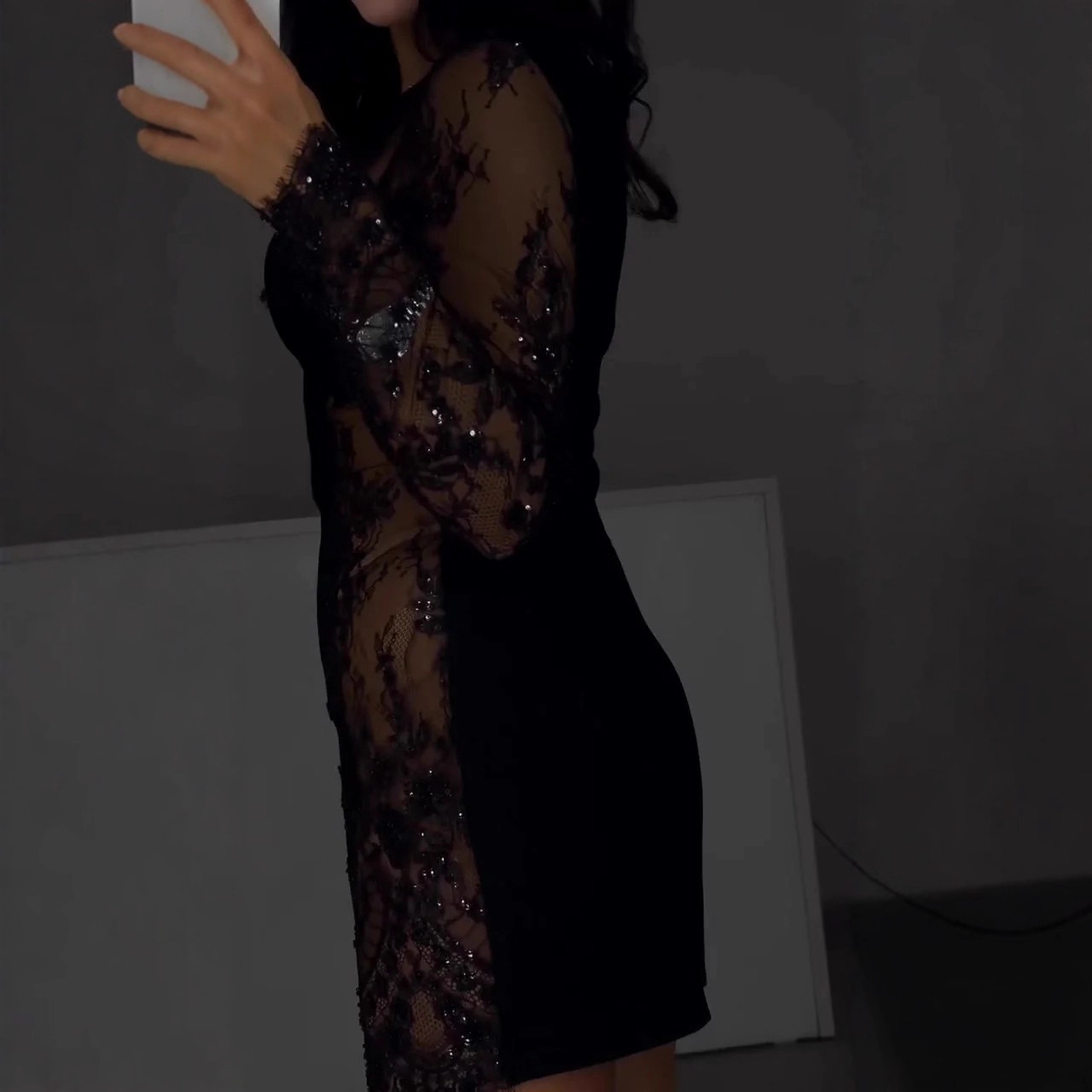 Plus Size Sequin Lace Midi Dress Long Sleeve High Waist