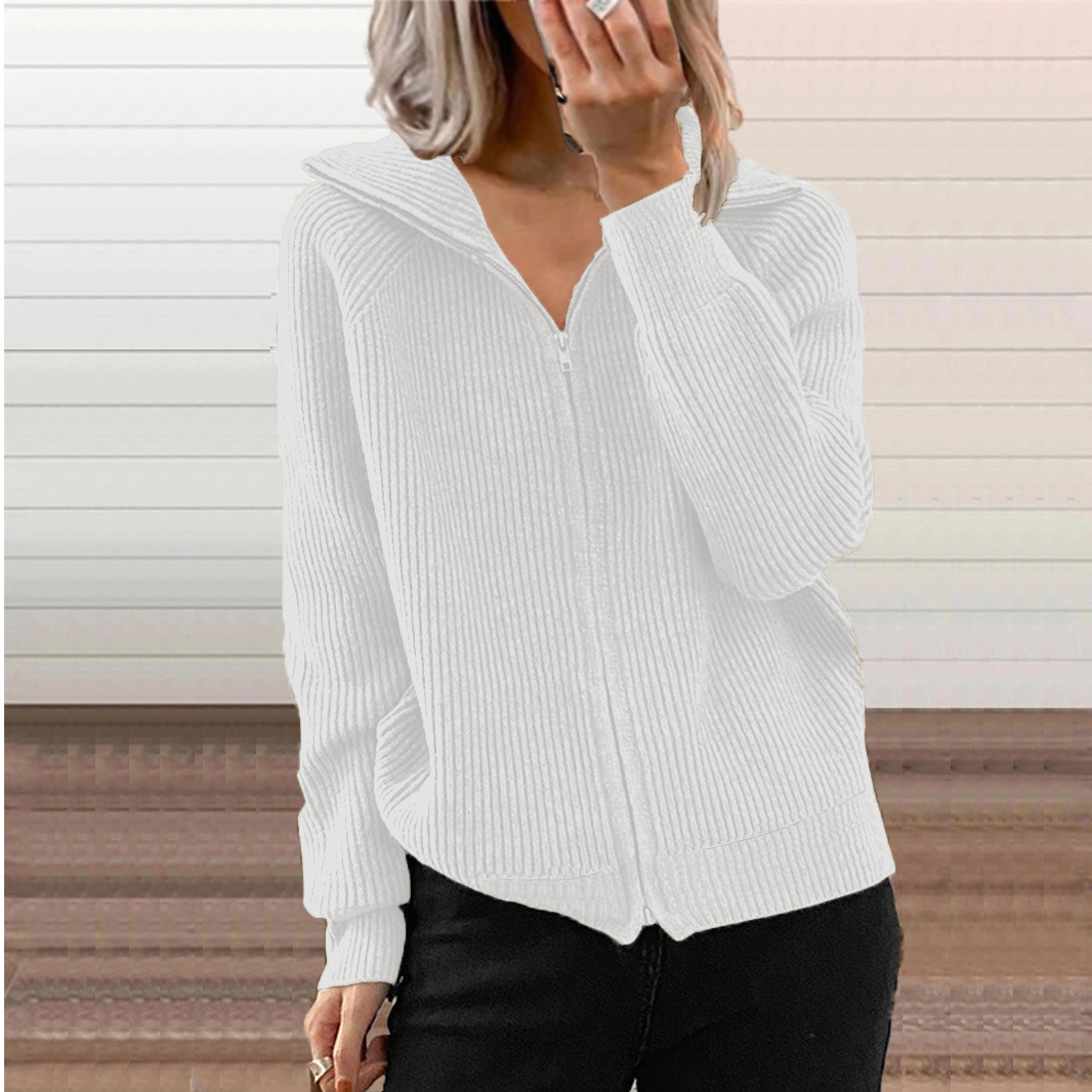 Striped Zip-Up Knit Cardigan Long Sleeve Collared Loose Fit