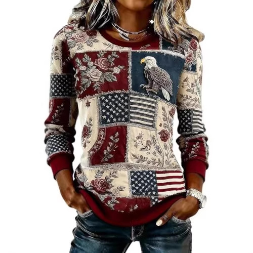 Women's American Flag Floral Print Crewneck Sweatshirt