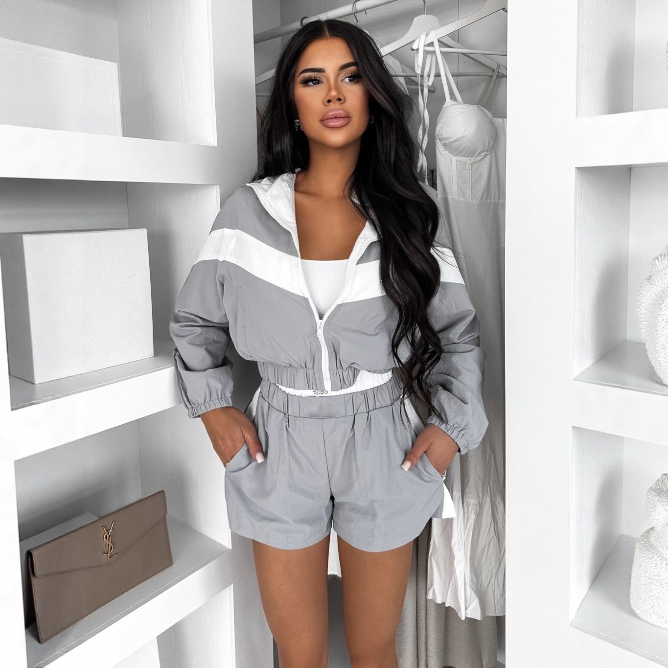 Women's Colorblock Zip Cardigan and Shorts Two-Piece Set
