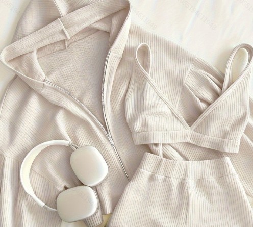 Women's Zip-Up Hooded 3-Piece Lounge Set Cropped Top