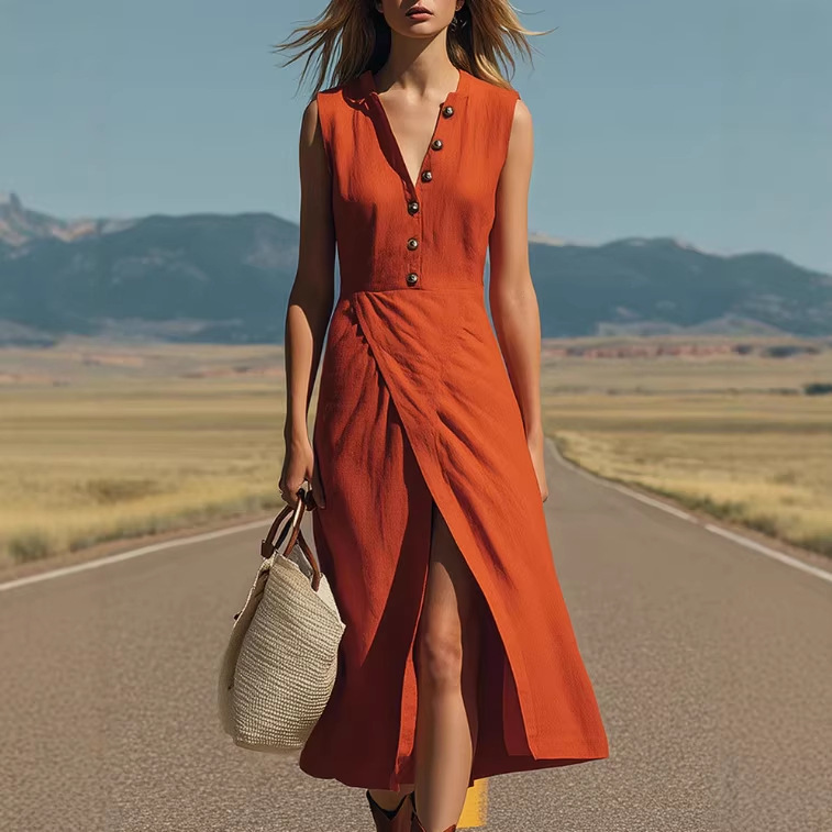 Orange Sleeveless V-Neck Slit Midi Dress