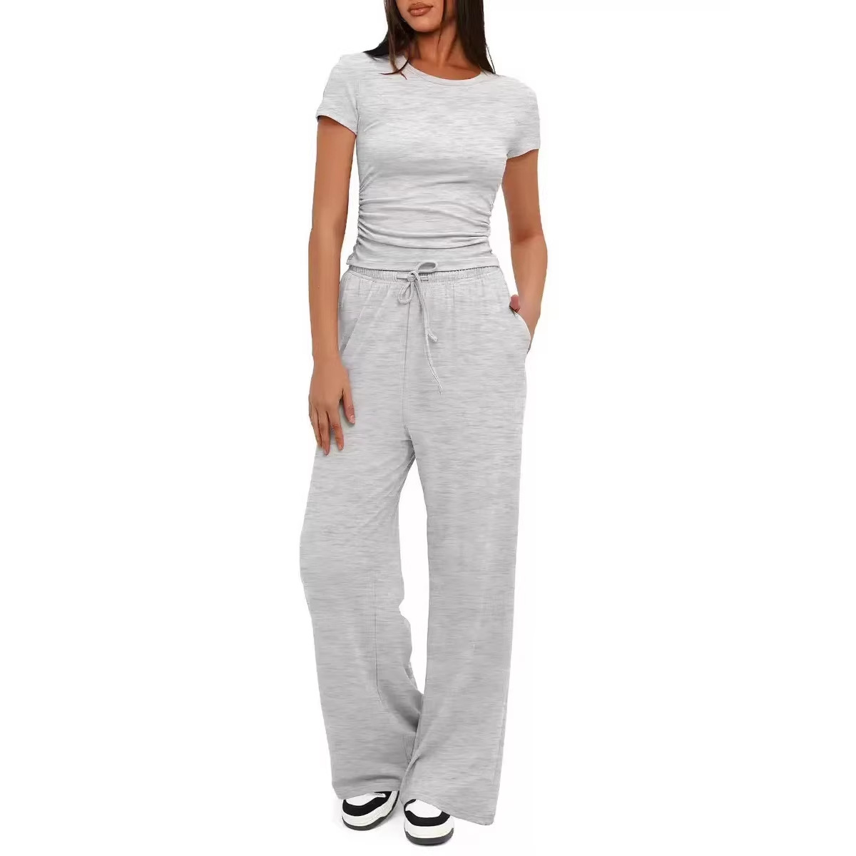 Women's Ruched Short Sleeve Top and Wide Leg Pants Two-Piece Set