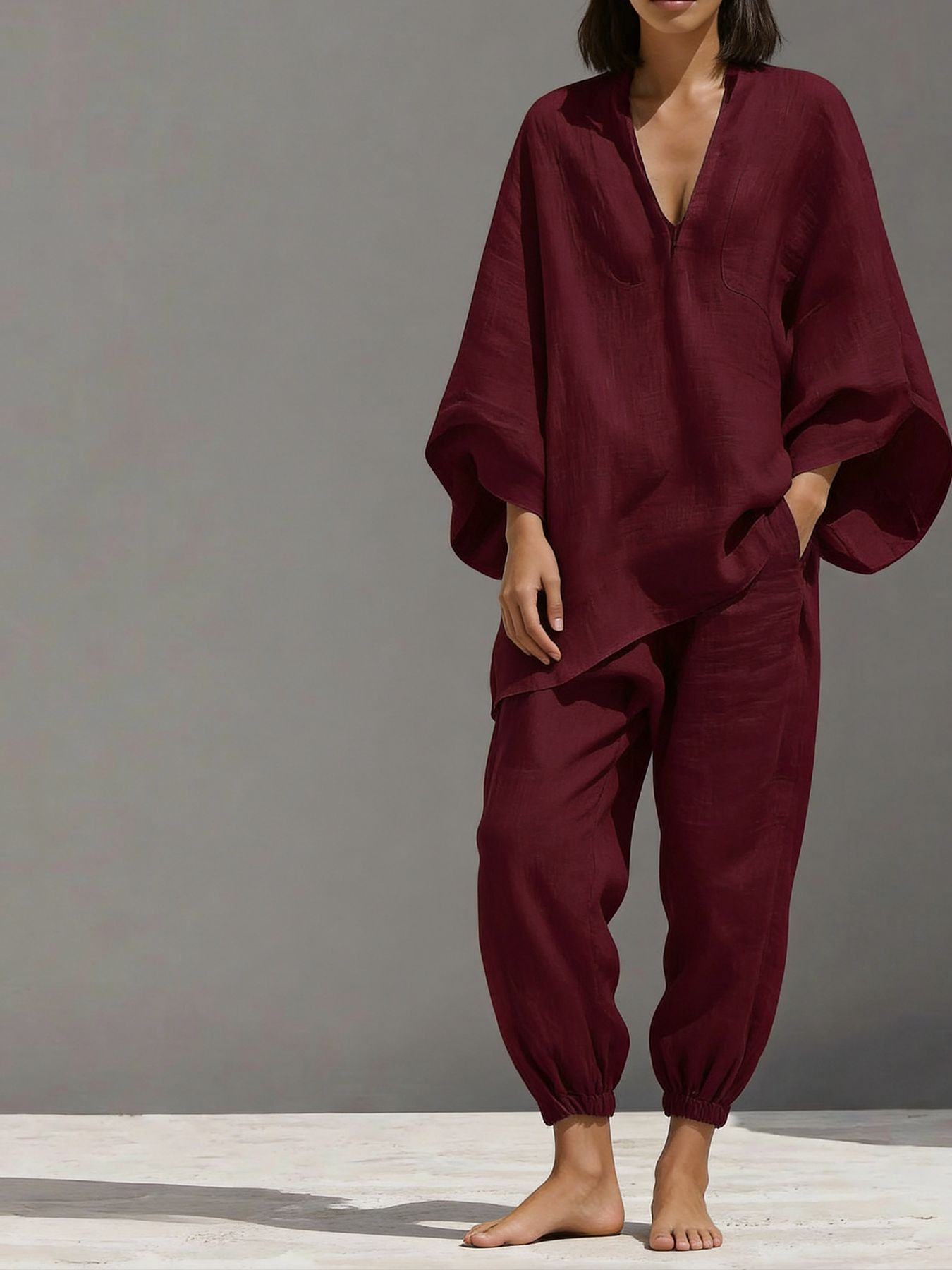 Women's Deep V-Neck Batwing Sleeve Loose Casual Two-Piece Set