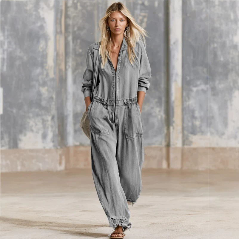 Gray Denim Long Sleeve Jumpsuit Casual