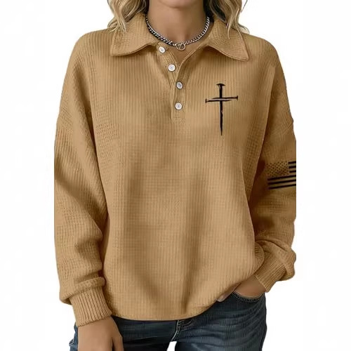 Women's Cross & American Flag Print Button Sweatshirt