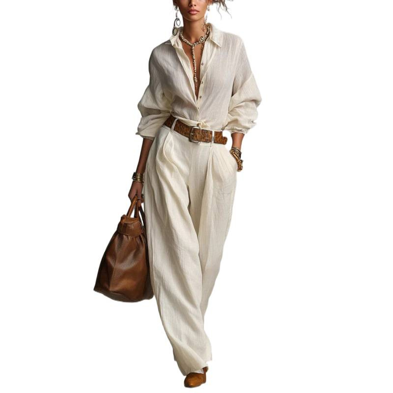 Women's Solid Color Long Sleeve Button Pocket Shirt and Pants Set