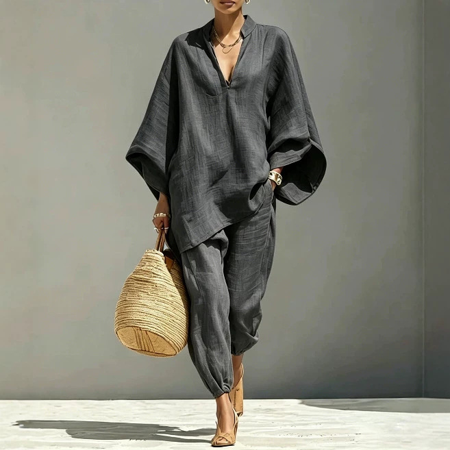 Women's Batwing Sleeve V-Neck Loose Casual Two-Piece Set