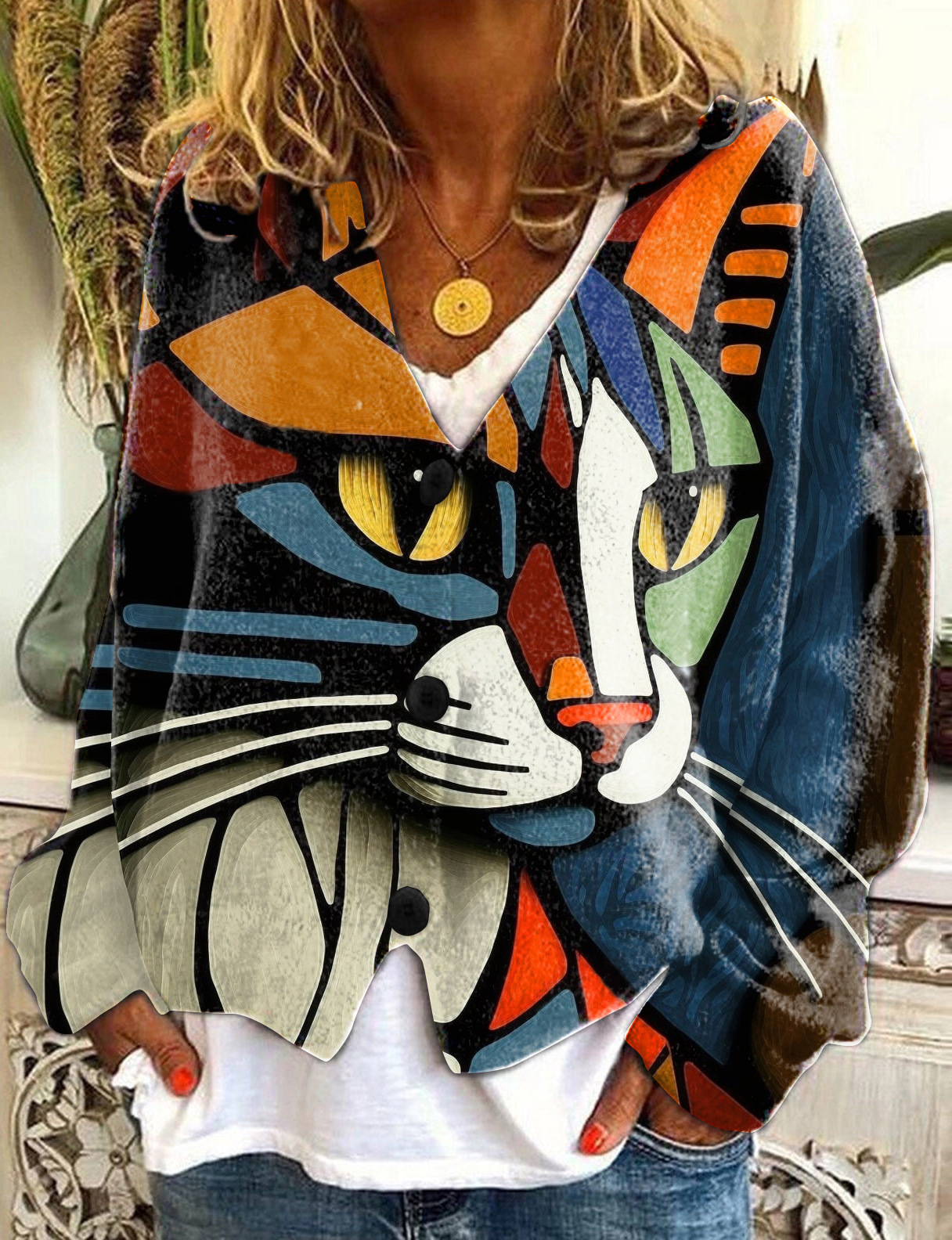 Abstract Print Open-Front Cardigan Sweater