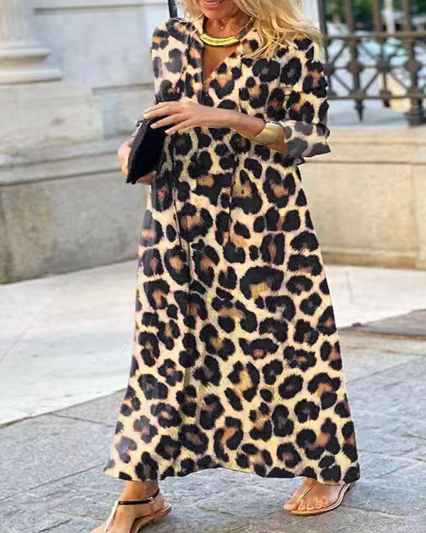 Leopard Print V-Neck Long Sleeve Pullover Shirt Dress