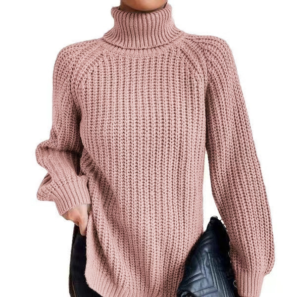 Women's High Neck Midi Knit Sweater with Raglan Sleeves and Side Slit