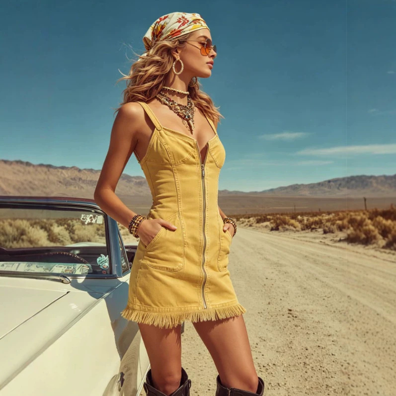 Western Vintage Yellow Denim Fringe Mini Skirt
