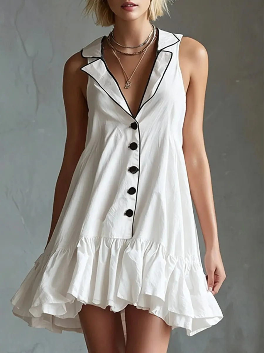 Solid Color Sleeveless Ruffle Dress with Collar and Buttons