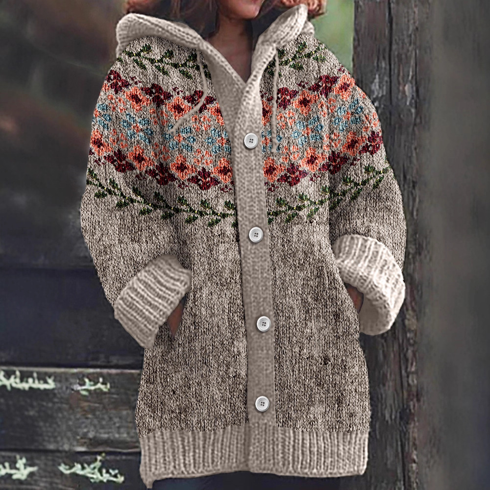 Women's Colorful Animal Print Hooded Button Cardigan Sweater