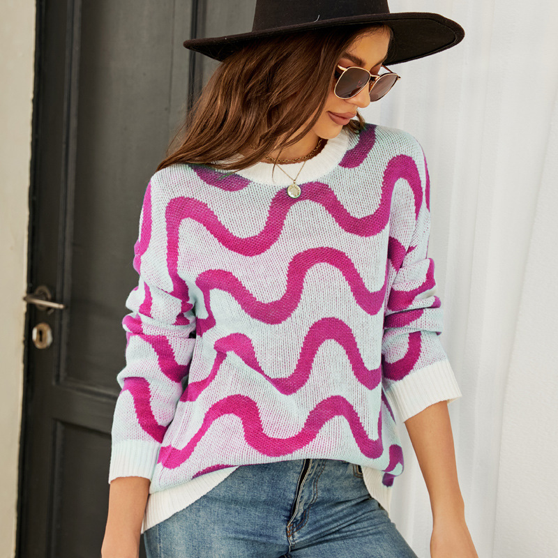 Women's Loose Fit Pullover Sweater Long Sleeve Round Neck Wavy Jacquard Color Block Knit Top