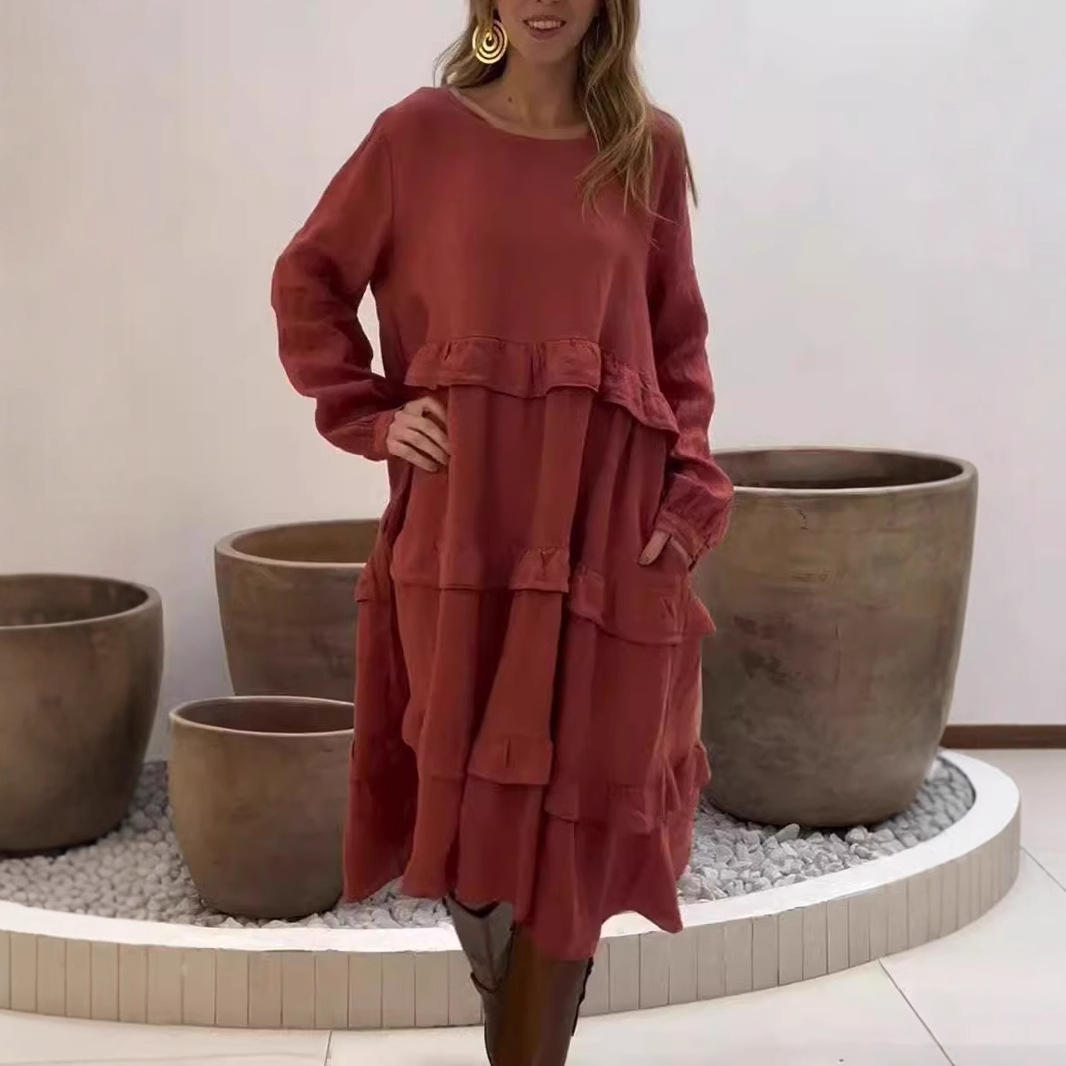 Women's Long Sleeve Ruffle Trim A-Line Dress with Pockets