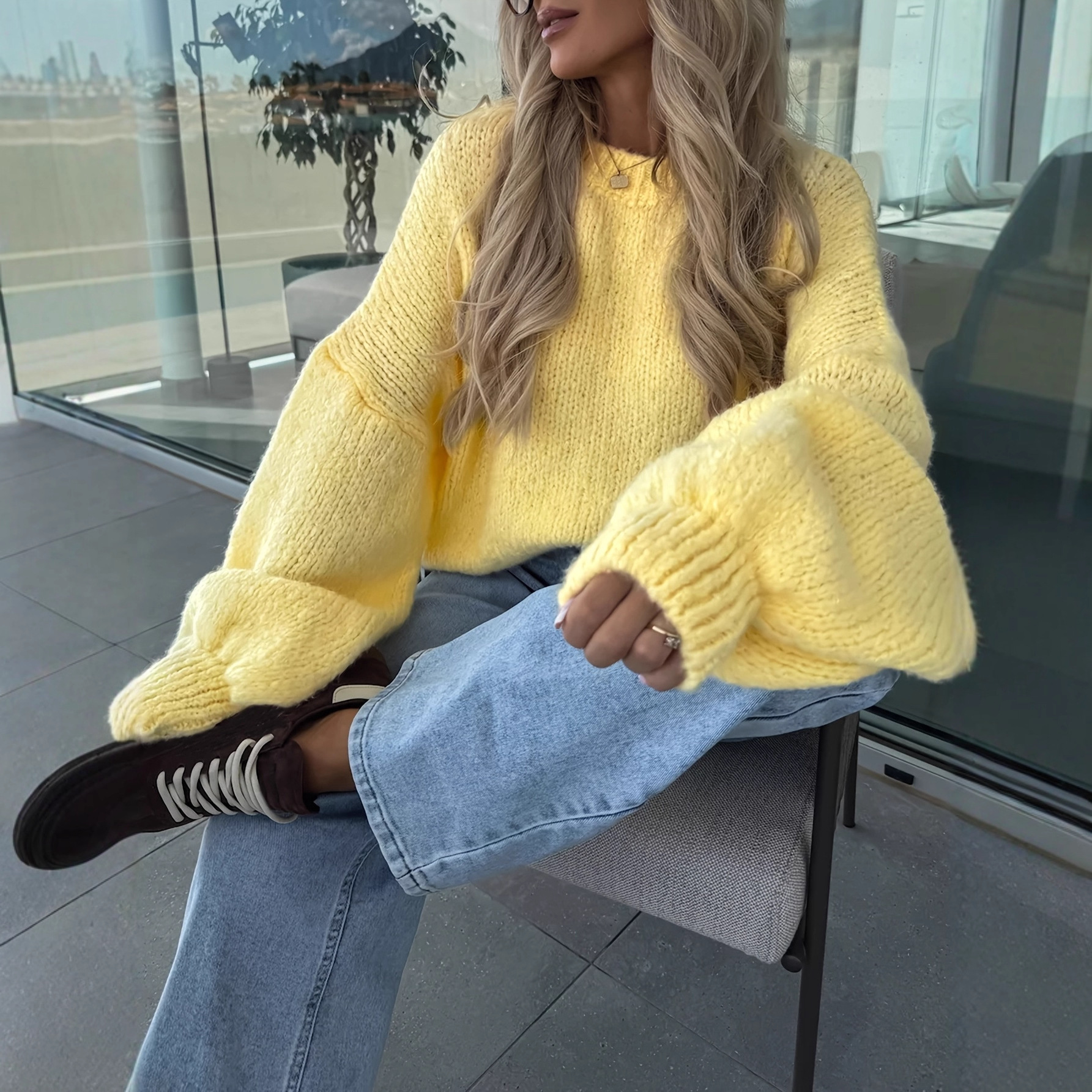 Women's Loose Knit Pullover Sweater Crew Neck Casual Top