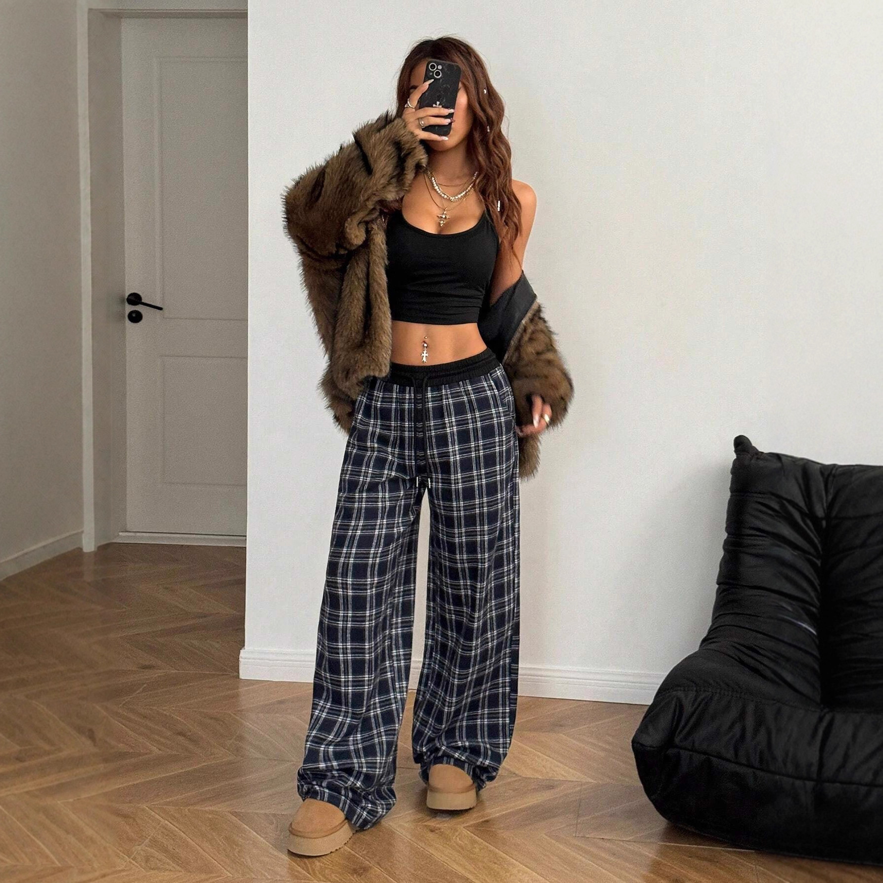 Relaxed Straight-Leg Plaid Panel High-Waist Drapey Casual Pants