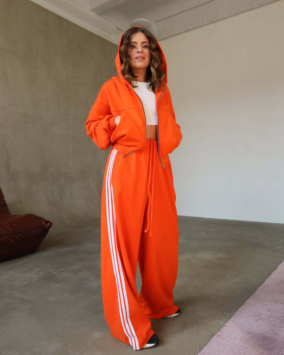 Women's Hooded Drawstring Colorblock Striped Wide-Leg Two-Piece Pants Set