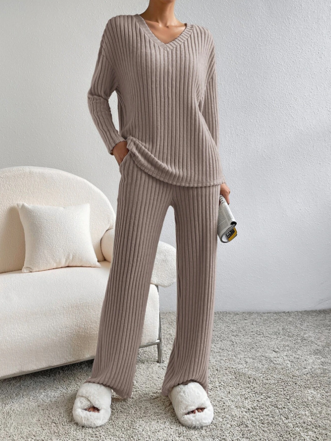 Women's Ribbed V-Neck Top and Straight-Leg Pants Two-Piece Set