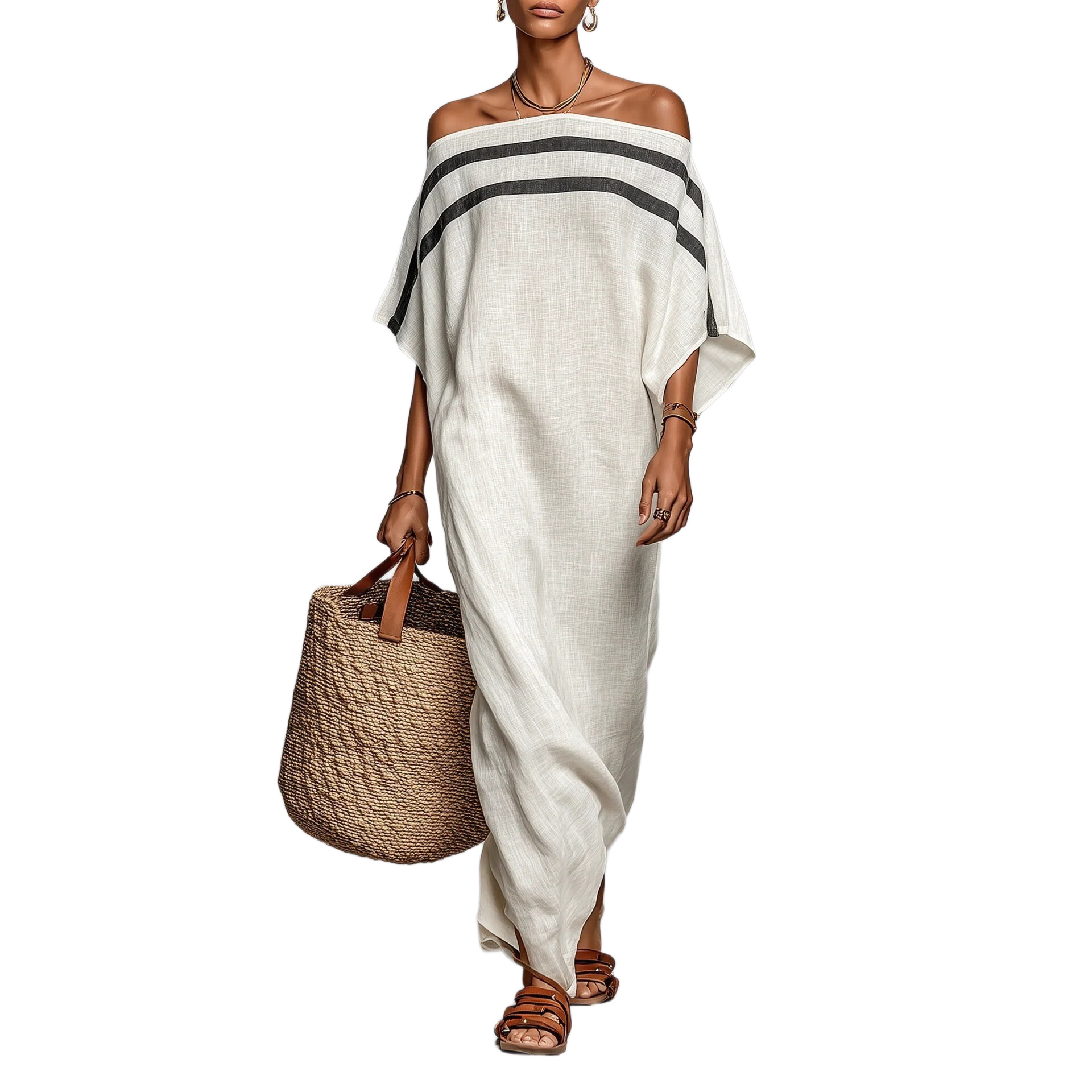 Striped Off-Shoulder Linen Dress Women's Summer Casual Long Dress