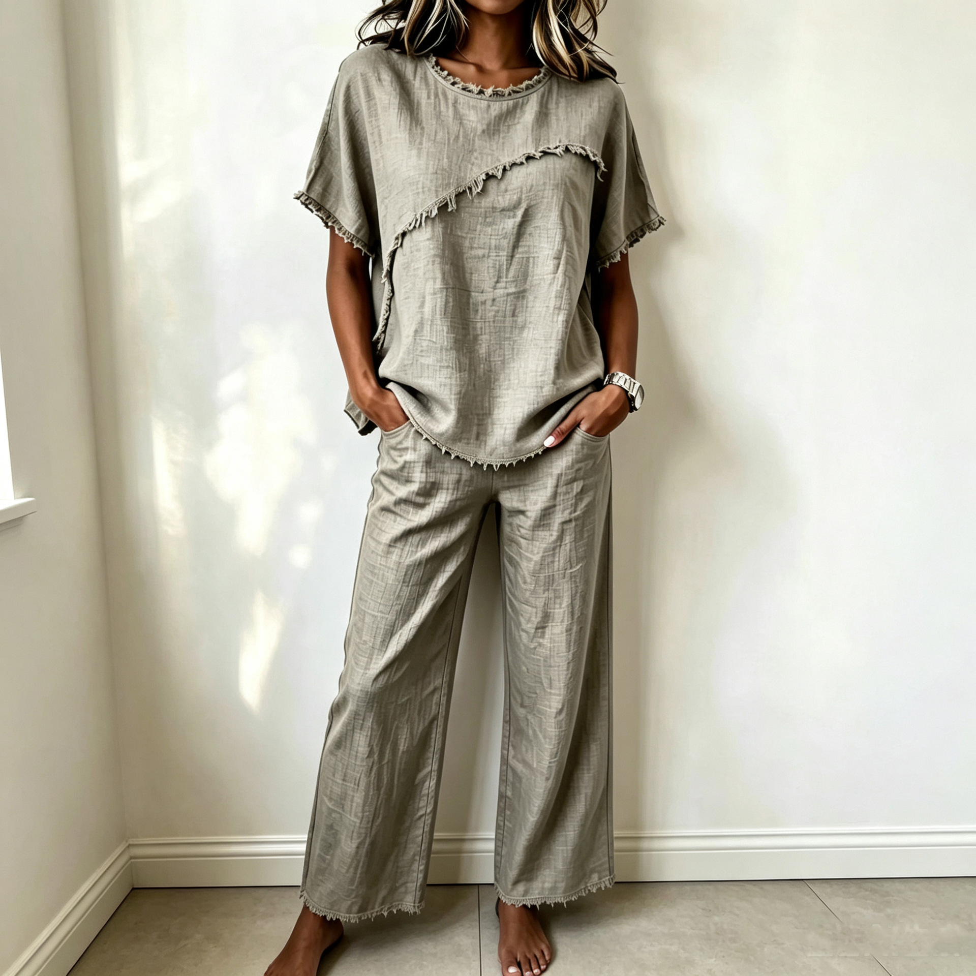 Women's Linen Two-Piece Set with Fringe Short Sleeve Top and Pants